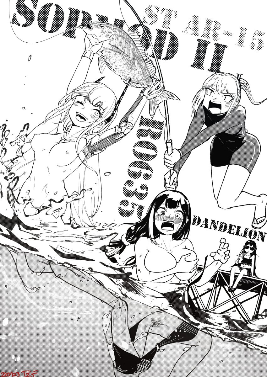 4girls absurdres alternate_costume animal assisted_exposure bangs bar_censor bikini black_hair breasts censored character_name cleavage collarbone cup dandelion_(girls'_frontline) dated drinking drinking_straw_in_mouth embarrassed expressionless female_pubic_hair fish fishing_rod full_body girls'_frontline grabbing_own_breast greyscale hair_between_eyes hair_ornament happy highres holding holding_animal holding_fish holding_fishing_rod large_breasts long_hair looking_at_another looking_at_viewer m4_sopmod_ii_(girls'_frontline) medium_breasts monochrome multiple_girls nipples o-ring o-ring_bikini one_eye_closed one_side_up open_mouth pointless_censoring pubic_hair radish_p ro635_(girls'_frontline) sitting small_breasts smile st_ar-15_(girls'_frontline) sunglasses surprised swimsuit teeth tinted_eyewear twintails upper_teeth wading