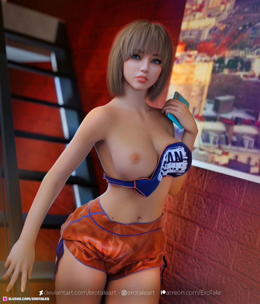 1girls 2022 3d amanda_(erotales) brown_hair clothed clothing depth_of_field dutch_angle erotales female female_only holding_object holding_smartphone indoors large_breasts light_brown_hair one_breast_out original_character shorts slushe_(website) smartphone solo solo_female standing