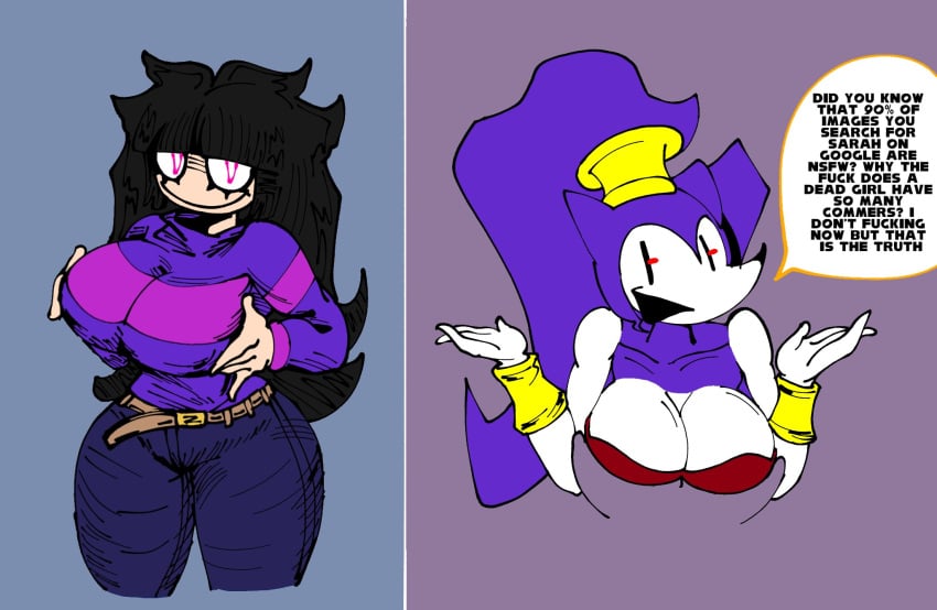 2girls anthro belt big_breasts breaking_the_fourth_wall crossover english_text female female_only furry gojiron hedgehog_ears hedgehog_girl holding_breast holding_breasts jeans large_breasts long_hair looking_at_viewer needlemouse_(character) needlemouse_(series) sarah_henderson_(needlemouse) shantae shantae_(character) shantae_(cosplay) shantae_needlemouse smile smooth_fur sonic.exe sonic_(series) text