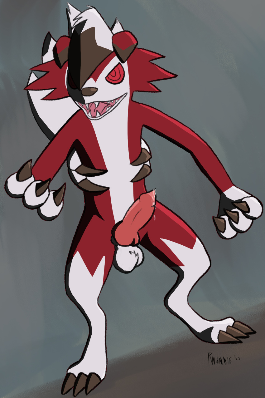 3_fingers 3_toes absurd_res animal_genitalia animal_penis anthro balls canine_penis claws erection fangs feet fingers fur fwankie genitals hair hi_res knot lycanroc male midnight_lycanroc nintendo nude penis pokémon_(species) pokemon solo toes video_games