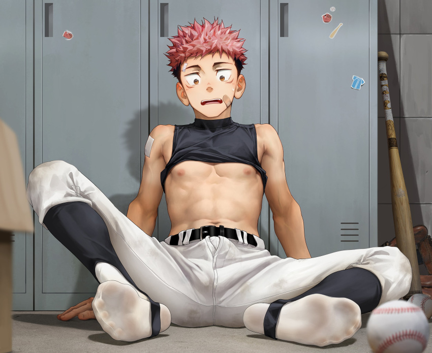 1boy beitemian betm bulge bulge_through_clothing itadori_yuuji jujutsu_kaisen male male_only nipples solo surprised