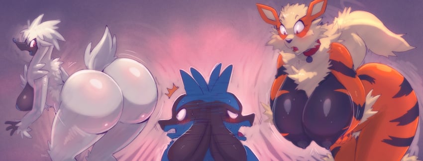 2022 arcanine ass big_ass big_breasts breasts bubble_butt female furfrou huge_ass lucario nintendo nipples orange-peel pokemon pokemon_(species) tagme