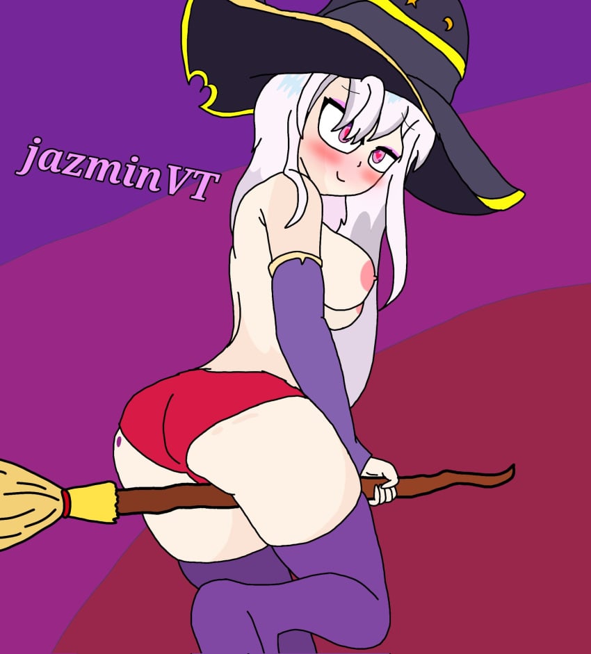 black_hat blush eyebrows_visible_through_hair jazminvt panties pink_eyes public_nudity red_panties tagme tanjiro_basado thighhighs topless virtual_youtuber white_hair witch witch_hat