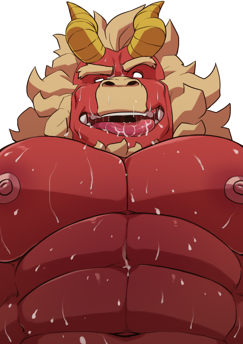 1male big_pecs bodily_fluids fangs fur gardie_(otukimi) gay horns male male_only mouse muscular muscular_male nipples otukimi pecs red_body red_skin saliva solo_focus sweat sweating tongue