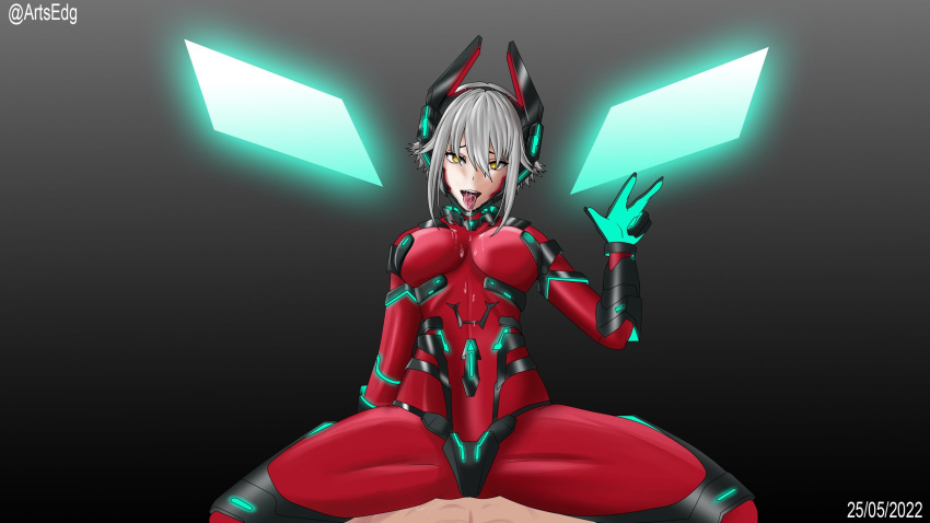 1boy 1girls artsedg big_breasts bodysuit child_bearing_hips cowgirl_position cybernetics drool drool_on_body drool_on_breasts faceless_male female_focus legs_apart legs_spread looking_at_viewer peace_sign pov silver_hair thighs tongue tongue_out virtual_youtuber vshojo yellow_eyes zentreya zentreya_(cyborg)