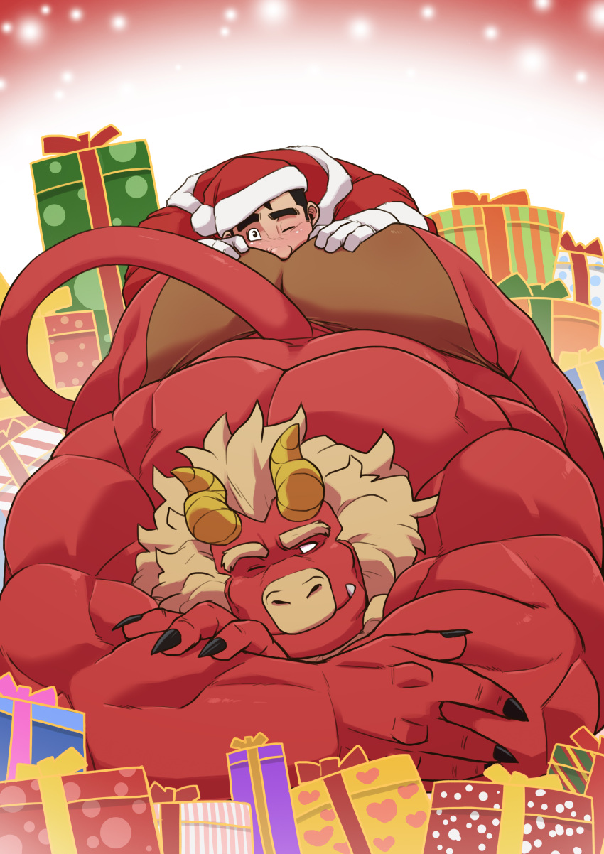 1monster 2boys anthro ass christmas demon from_behind from_behind_position fur gardie_(otukimi) gay hi_res human humanoid interspecies licking_ass long_tail male male/male male_only muscular muscular_male othukimi presenting_ass red_lipstick red_skin rimjob rimming size_difference tail thick_thighs yaoi