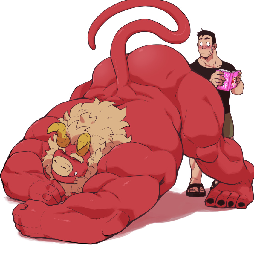 1monster 2boys anthro ass closed_eyes demon duo fur gardie_(otukimi) gay horns human humanoid inviting inviting_to_sex jack-o_pose looking_at_another looking_at_partner male male/male male_only muscular muscular_anthro muscular_male nude othukimi presenting_ass red_body red_skin size_play