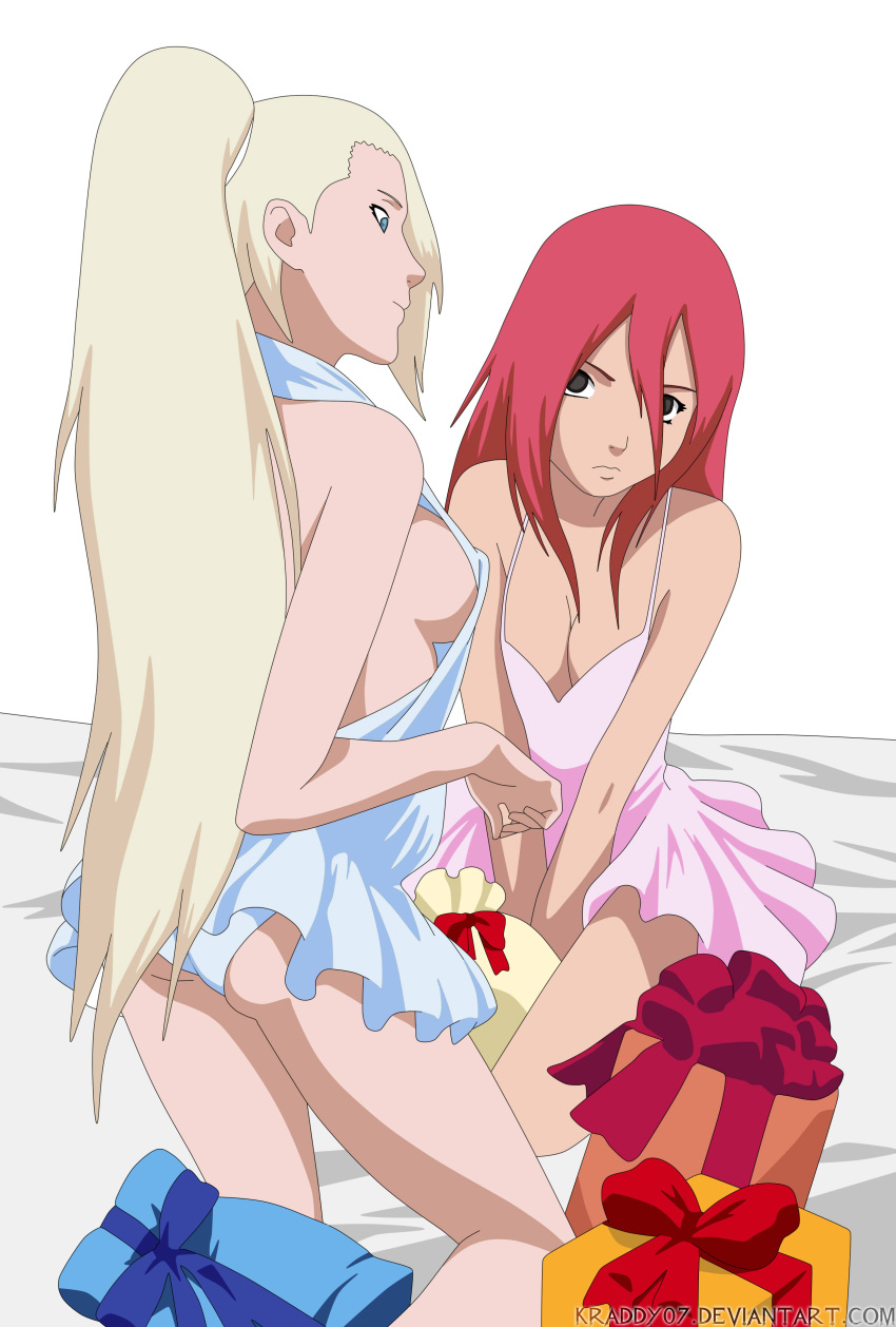 2girls alternate_costume backless backless_outfit blonde_hair blue_eyes box breasts brown_eyes dress female female_only gift_box ino_yamanaka kraddy07 long_hair multiple_girls naruto naruto_(series) naruto_shippuden no_bra panties ponytail presents red_hair revealing_clothes sideboob tayuya tied_hair