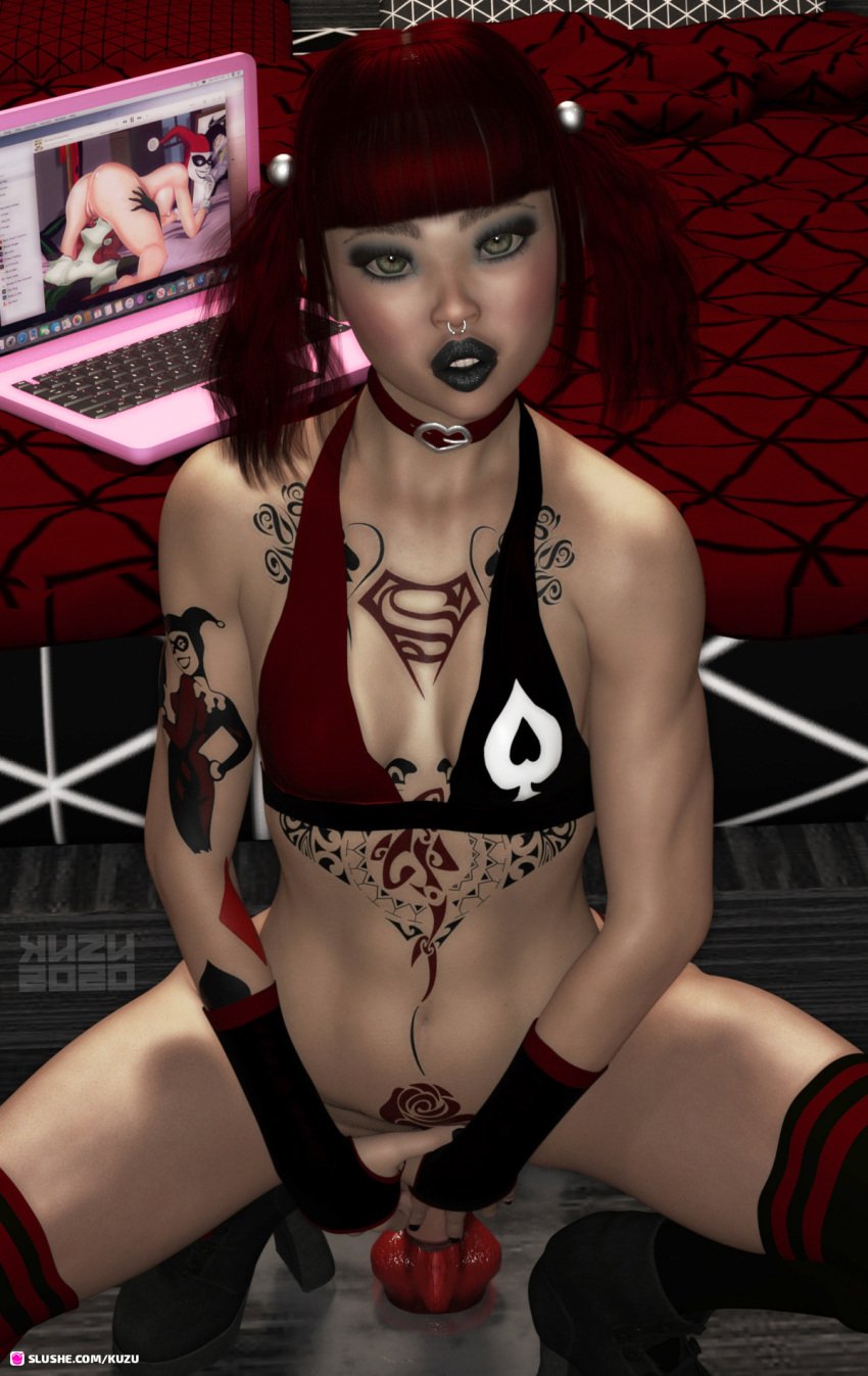 1futa 2020 3d arm_tattoo asymmetrical_clothes asymmetrical_legwear black_bra black_lipstick bottomless chest_tattoo choker clothed clothing cute dildo dildo_in_ass dildo_sitting front_view futa_only futanari indoors kuzu_(artist) laptop lipstick looking_at_viewer masturbation nose_ring original_character pornography queen_of_spades red_bra red_hair rose_(kuzu) short_hair slushe_(website) small_breasts solo tattoo tattoos two-tone_bra