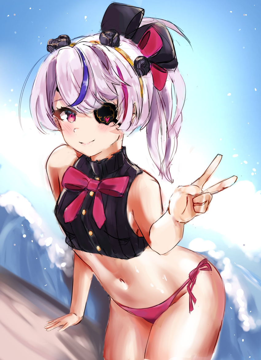 1girls amechi_(artist) belly_button bikini_bottom bowtie exposed_shoulders eye_patch female female_only hairband light-skinned_female light_skin maria_marionette midriff navel nijisanji nijisanji_en no_pants pink_eyes pink_hair ponytail purple_hair ribbon solo string_panties v_sign virtual_youtuber water wave