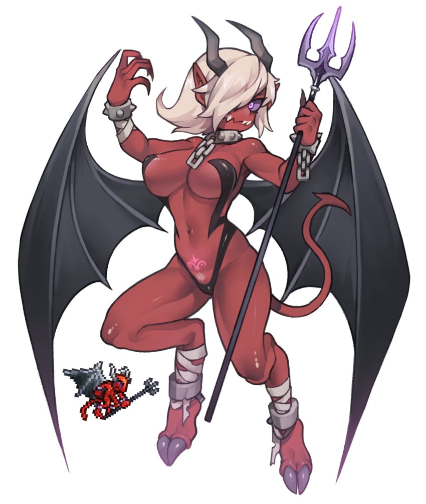 black_horns black_wings breasts chains claws colored_sclera colored_skin cuffs demon_girl demon_horns demon_tail demon_wings female female_only female_pubic_hair highres horns lingerie looking_at_viewer medium_breasts medium_hair nyong_nyong one_eye_covered personification pointy_ears polearm pubic_hair purple_eyes pussy pussy_peek red_devil red_devil_(terraria) red_skin shackles sharp_teeth solo tail tattoo teeth terraria trident underwear weapon white_hair wings