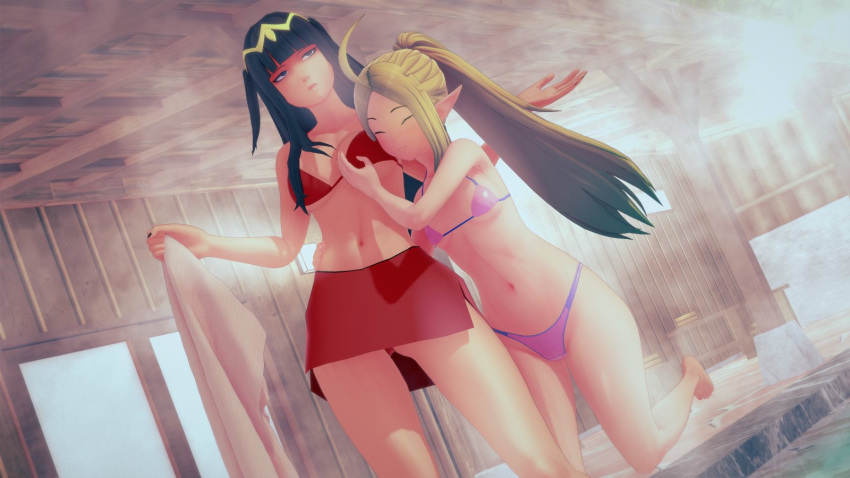 2girls 3d alternate_costume bikini breast_grab female female_only fire_emblem fire_emblem_awakening jakey_stakey micro_bikini multiple_girls nintendo nowi_(fire_emblem) pink_bikini pink_swimsuit red_bikini red_swimsuit swimsuit tharja_(fire_emblem)