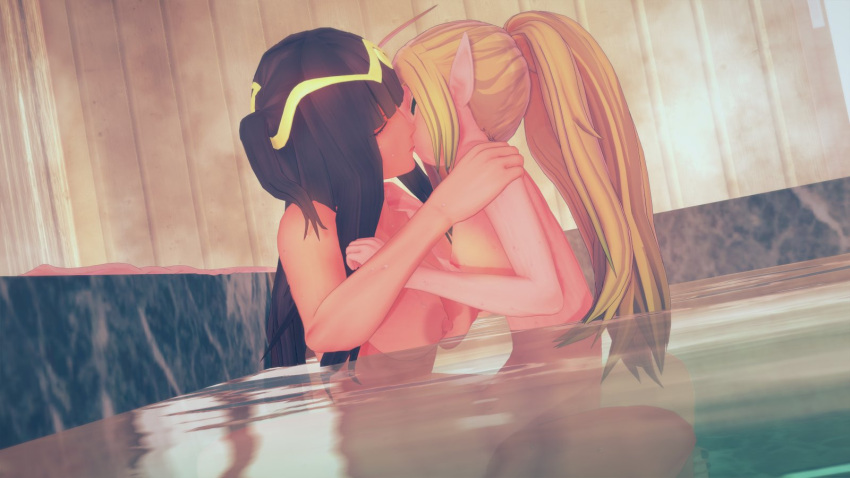 2girls 3d bath female female_only fire_emblem fire_emblem_awakening group_bathing jakey_stakey kissing multiple_girls nintendo nowi_(fire_emblem) tharja_(fire_emblem)