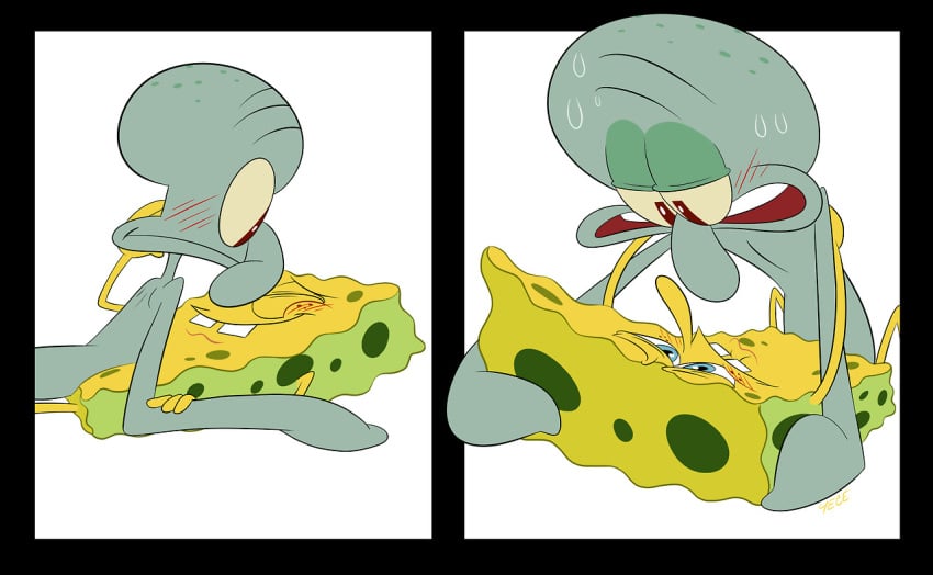 2boys blush cephalopod cuddle gay male male_only missionary_position nude octopodiform octopus sea_sponge smooth_skin spongebob_squarepants spongebob_squarepants_(character) squidward_tentacles yece