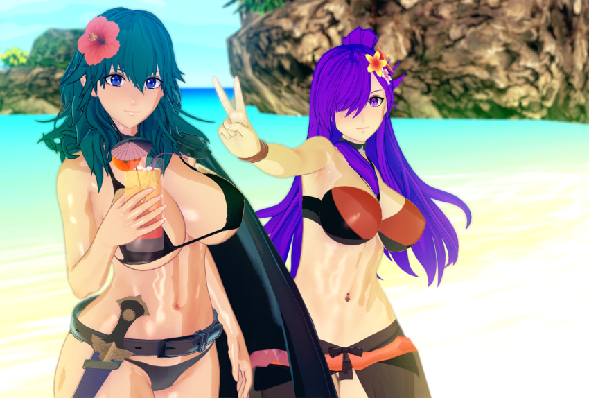 2girls 3d alternate_costume armpits ass_visible_through_thighs bare_midriff bare_thighs beach black_bikini black_swimsuit blue_eyes breasts byleth_(fire_emblem) byleth_(fire_emblem)_(female) byleth_(summer)_(fire_emblem)_(female) cleavage drink female female_only fire_emblem fire_emblem:_three_houses fire_emblem_heroes fire_emblem_warriors:_three_hopes flower glass hair_flower hair_over_one_eye holding holding_glass holding_object hyd large_breasts long_hair looking_at_viewer medium_breasts medium_hair midriff multiple_girls nintendo ocean official_alternate_costume orange_bikini orange_swimsuit outdoors purple_eyes purple_hair sand sarong see-through shez_(female)_(fire_emblem) shez_(fire_emblem) sideboob smile teal_hair thighs underboob v