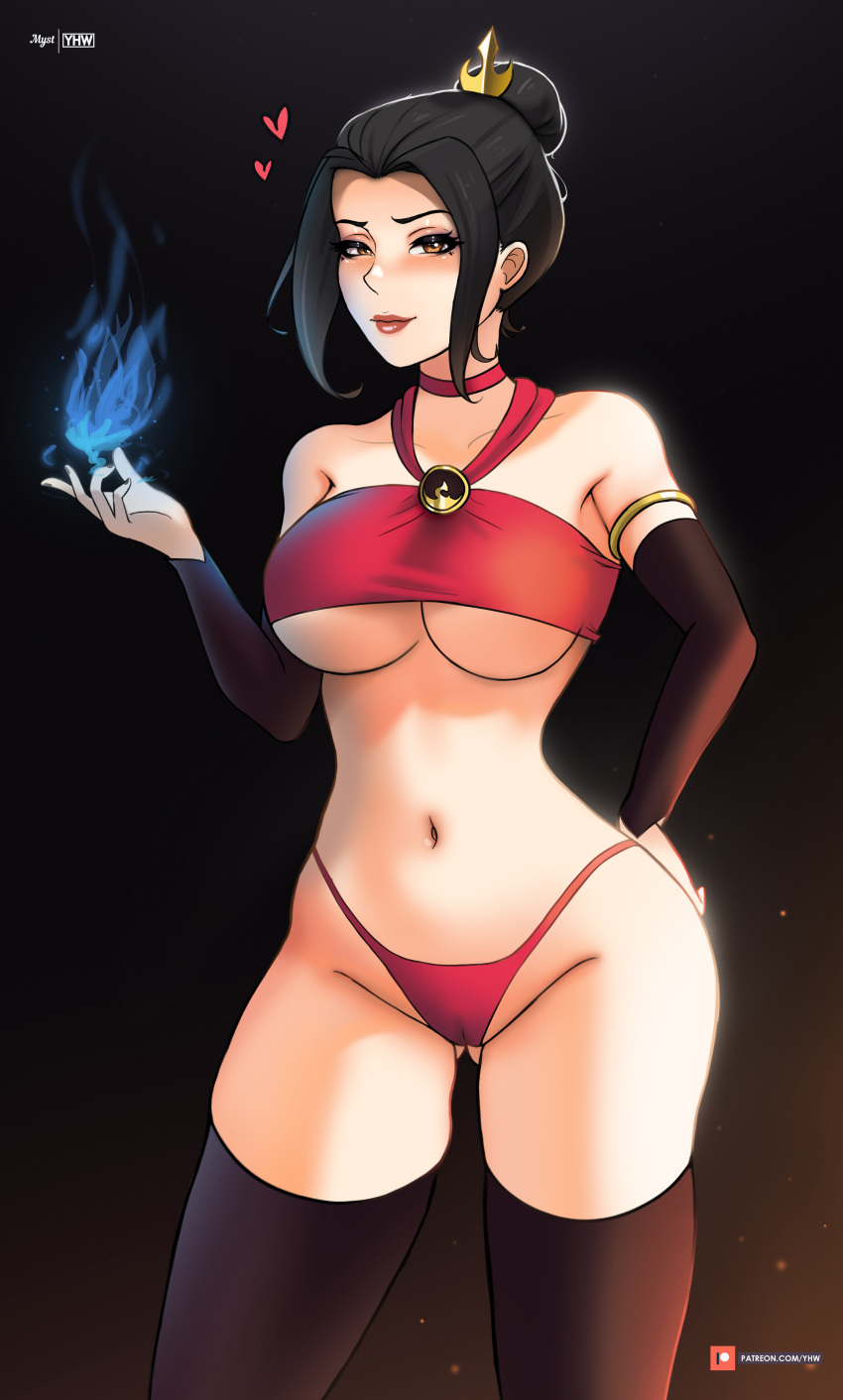 aged_up avatar_the_last_airbender azula belly belly_button black_hair clothed clothing fire large_breasts looking_at_viewer myst panties soft_shading stockings thick_thighs thighhighs tummy yhw