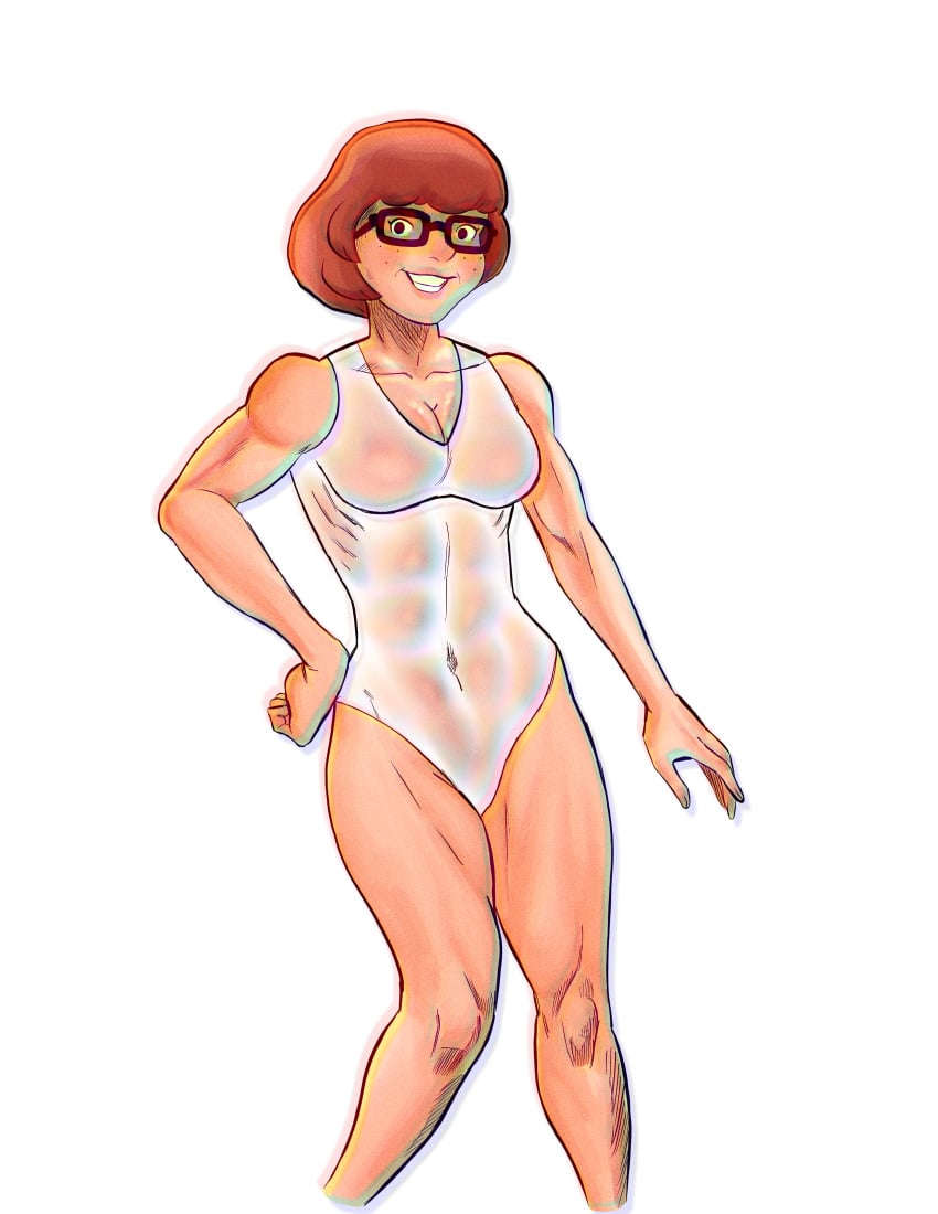 1girls female female_only glasses glasses_on_head happy happy_female kinkykicker meaty_thighs nerdy:female posing scooby-doo solo swimsuit thick_thighs velma_dinkley wet_body wet_clothes wet_clothing wet_pussy wet_skin wet_swimsuit