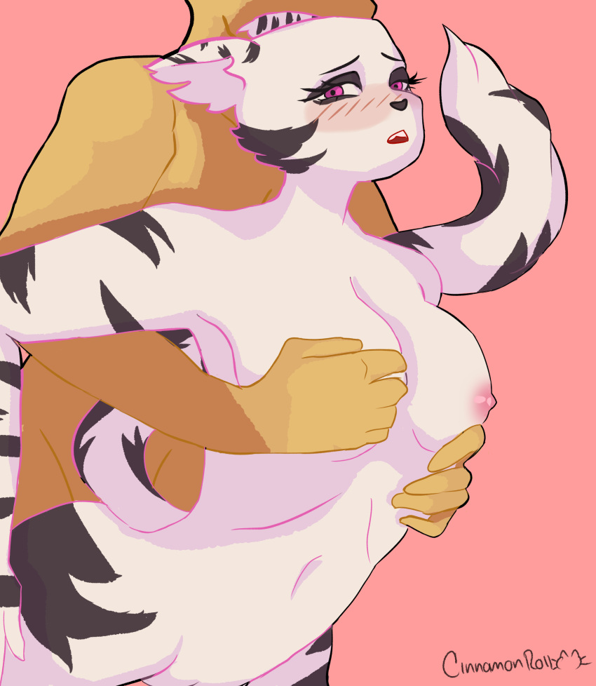 ambiguous_gender anthro belly black_stripes blush breast_grab breast_squish breasts cinnamonroll ears_back eyeshadow felid female from_behind_position fur hand_on_breast hi_res humanoid makeup mammal pivoted_ears purple_eyes sex spread_legs spreading squish stripes tundra_(stellar_tundra) white_body white_fur