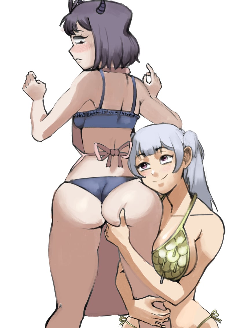 2girls ass ass_grab big_ass big_breasts big_butt black_clover breasts female female_only horns noelle_silva purple_hair scharlottelambo secre_swallowtail short_hair standing thick_thighs twintails yuri