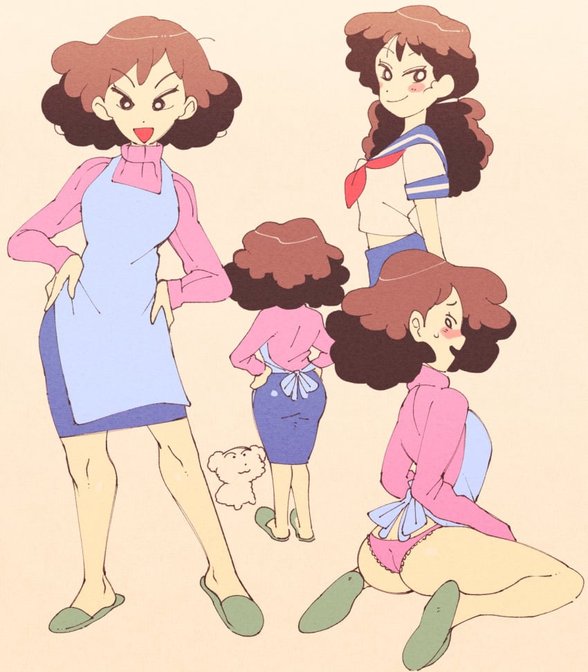 apron ass big_ass big_butt crayon_shin-chan female inkerton-kun inkuusan milf misae_nohara mob_face panties poofy_hair puffy_hair school_uniform serafuku