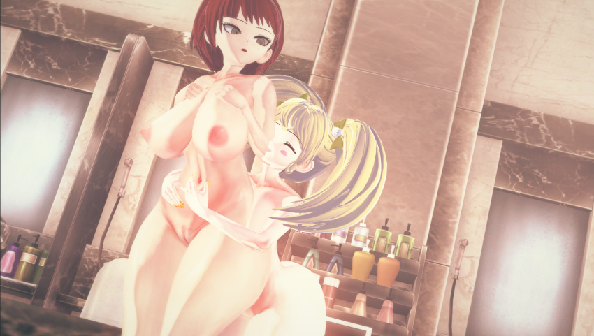 2girls 3d breasts completely_nude completely_nude_female danganronpa danganronpa_2:_goodbye_despair female female_only hugging hugging_from_behind human koikatsu koizumi_mahiru large_breasts multiple_girls saionji_hiyoko straight_hair super_danganronpa_2 wafles_coffe