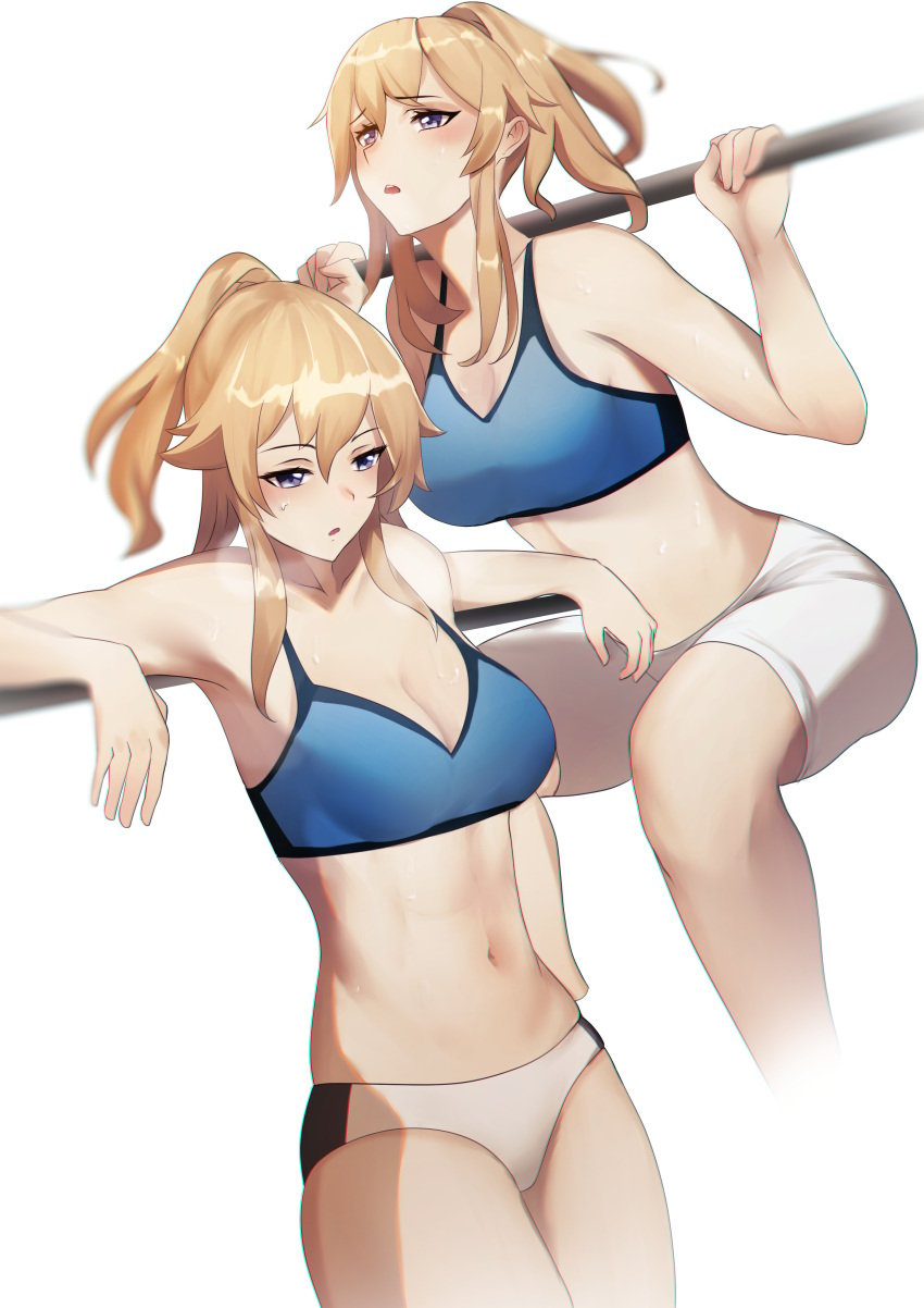 1girls bare_shoulders belly big_breasts blonde_female blonde_hair blush breasts cleavage eyelashes female female_only fit genshin_impact heavy_breathing highres jean_gunnhildr krirk legs light-skinned_female long_hair midriff multiple_views navel open_mouth ponytail purple_eyes resting shorts simple_background solo sports_bra sportswear squatting standing steaming_body stomach sweat sweating thick_thighs thighs tired white_background