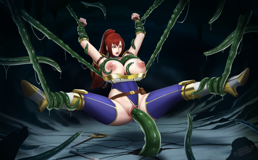 armor armored_boots broken_weapon female_knight functionally_nude huge_breasts leotard leotard_aside original_character rape red_hair restrained ringoripple tentacle vaginal_penetration