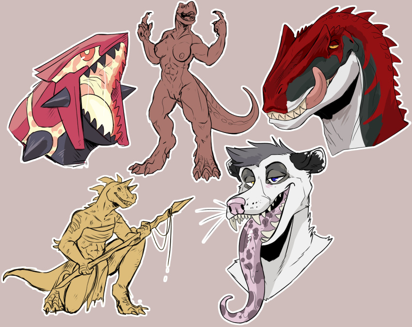 absurd_res ambiguous_gender anthro black_body black_ears blue_eyes bust_portrait claws dinosaur fangs female finger_claws front_view fur grey_hair hair heterochromia hi_res holding_object holding_spear holding_weapon imperatorcaesar kneeling licking licking_lips licking_own_lips long_tongue male melee_weapon mouth_shot muscular muscular_anthro muscular_female open_mouth outline partially_colored pink_nose polearm portrait red_body red_scales reptile scales scalie self_lick simple_background sketch_page spear species_request tongue tongue_out weapon white_body white_ears white_fur white_outline yellow_eyes