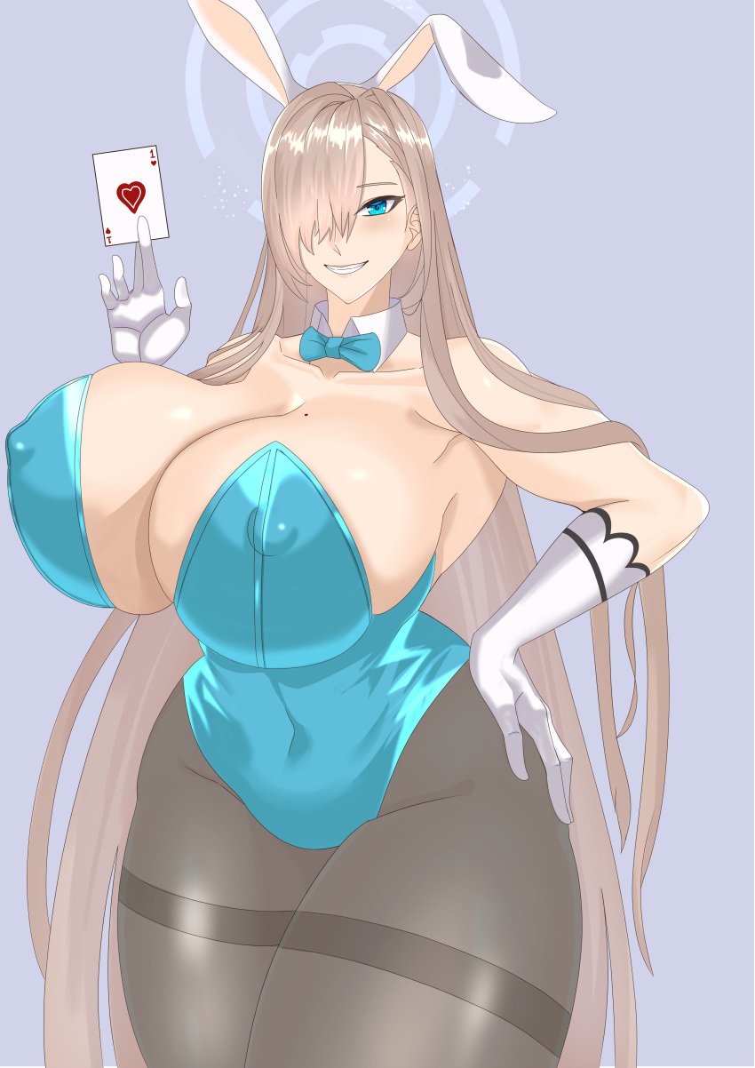 1girls amooooo217 asuna_(blue_archive) asuna_(bunny)_(blue_archive) asuna_(bunny_girl)_(blue_archive) big_breasts blue_archive blue_eyes breasts bunny_ears cleavage female female_only huge_breasts looking_at_viewer nipple_bulge solo solo_female thick_thighs very_long_hair