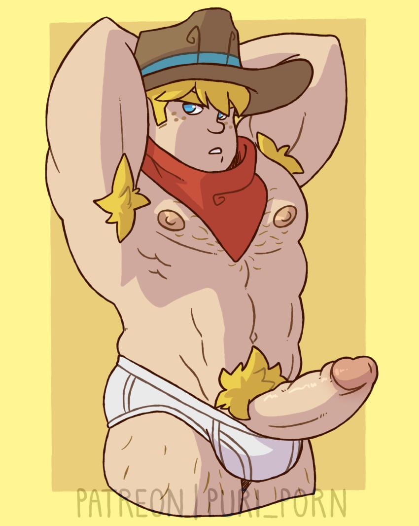 1boy abs ball_bulge bandana beefy blonde_hair blue_eyes body_hair briefs cartoony clay_bailey cowboy_hat erection foreskin foreskin_folds human intact male male_nipples male_only male_pubic_hair masculine mostly_nude_male muscular_male pecs penis penis_out pubes purico retracted_foreskin smooth_penis solo teen_boy tighty_whities uncut underwear white_briefs xiaolin_showdown