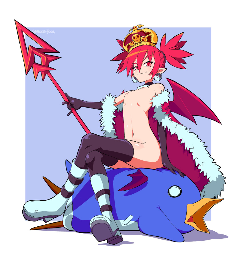 breasts cape completely_nude completely_nude_female crown demon demon_girl demon_tail demon_wings disgaea disgaea_1 disgaea_rpg elbow_gloves envious_fool etna gloves naked_footwear nippon_ichi_software prinny small_breasts spear thigh_boots thighhighs thighhighs_under_boots useless_clothing