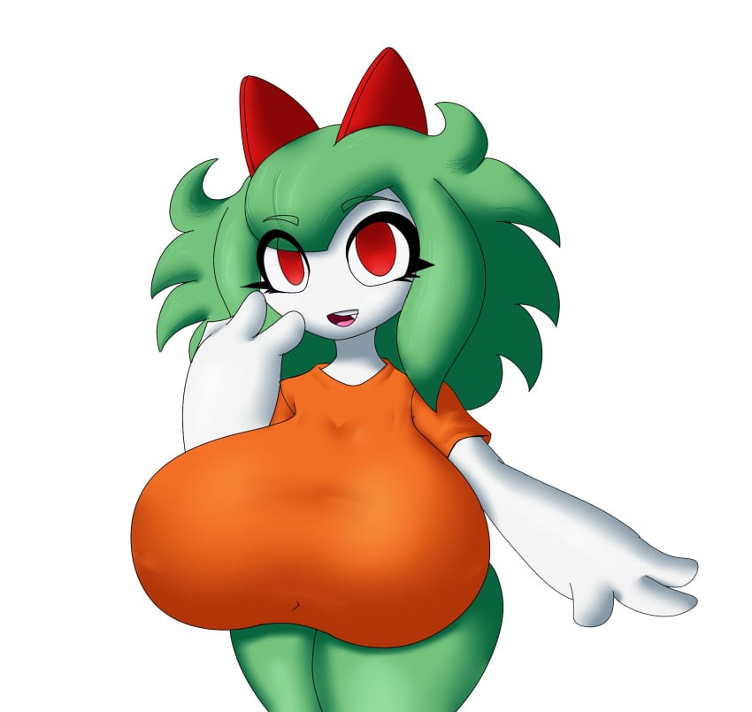 1girls 2022 3_fingers anthro anthro_only big_breasts breasts clothed_female clothed_pokemon emillie_(zanbonsen) eyebrows_visible_through_hair eyelashes eyes_visible_through_hair female female_only fully_clothed green_body green_hair green_skin huge_breasts kirlia large_breasts medium_hair orange_clothing pokémon_(species) pokemon pokemon_(species) pokemon_only red_eyes shirt short_sleeves simple_background smile smiling smiling_at_viewer solo solo_female thick_thighs thighs white_background zanbonsen