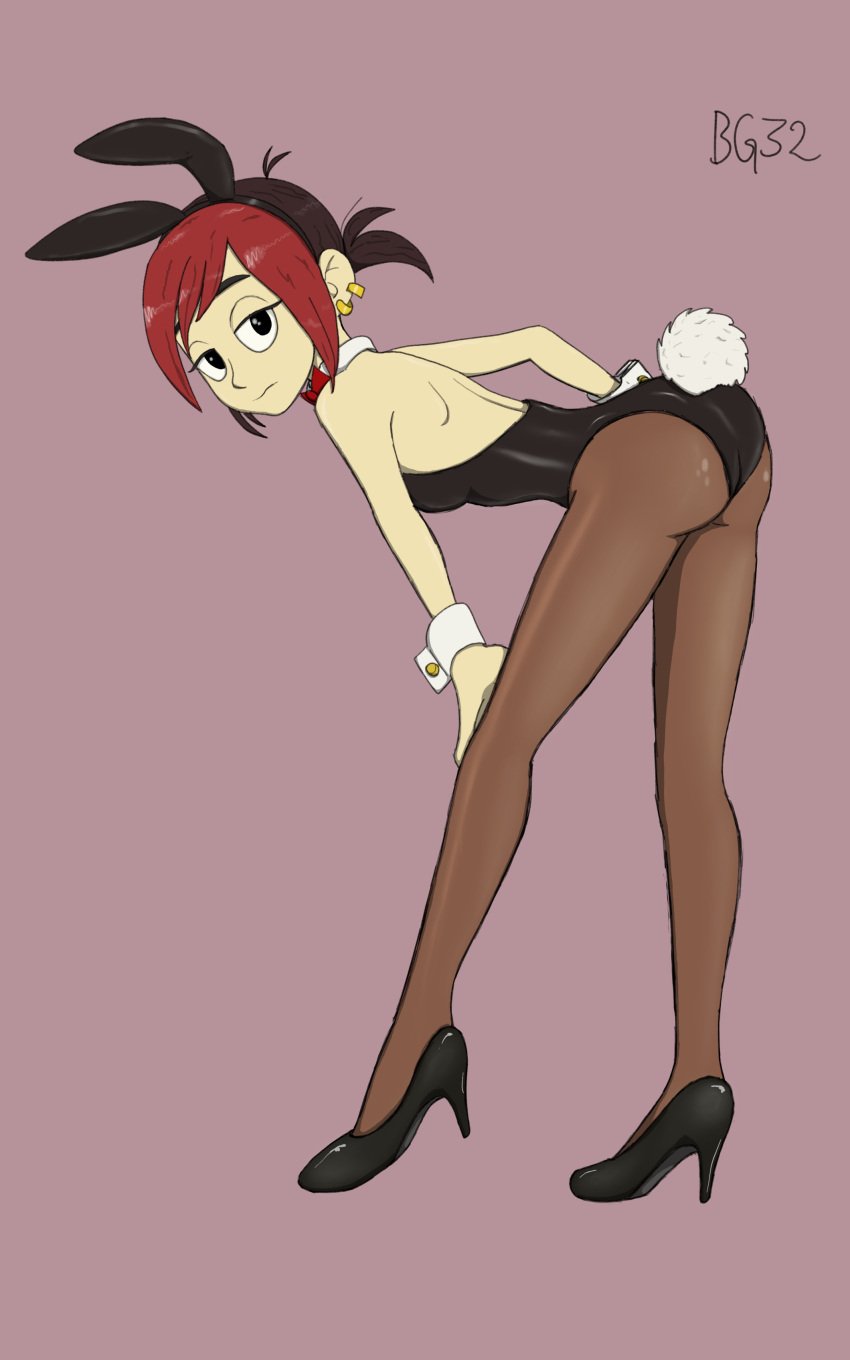 bandgeek32 bending_over brown_legwear bunnysuit long_legs mina_monroe pantyhose playboy_bunny red_hair unamused