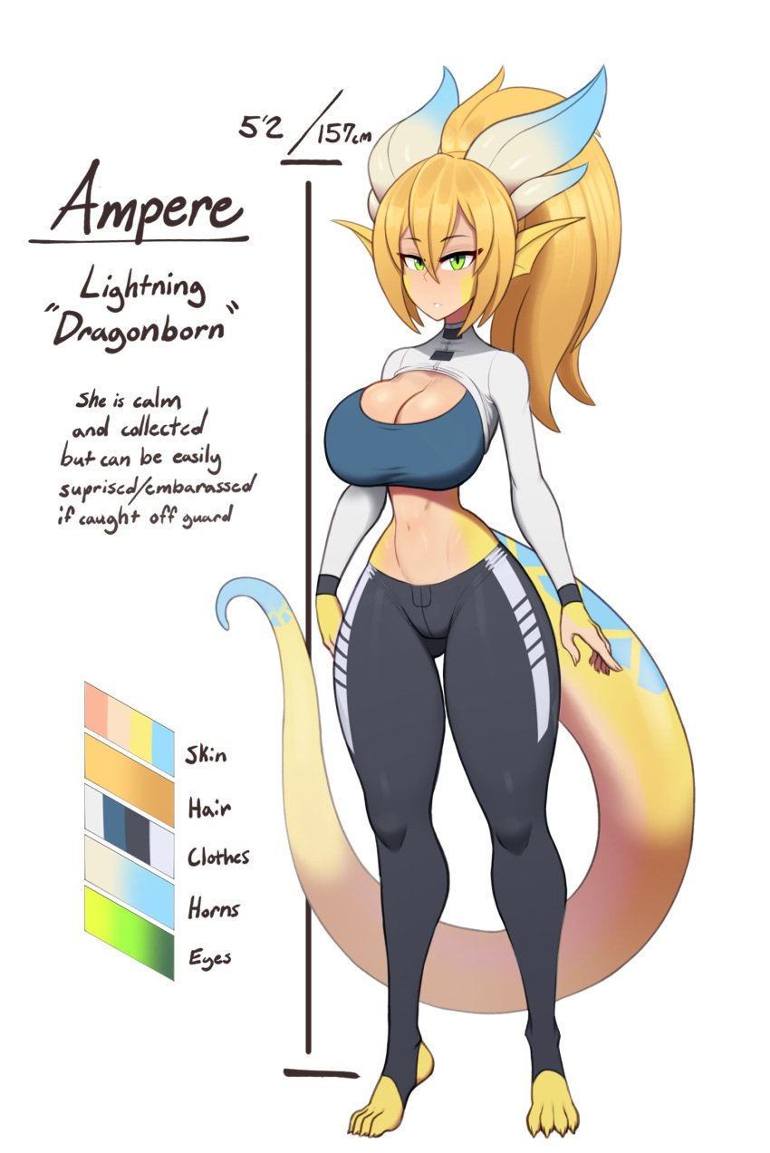 1girls ampere_(florazarts) big_breasts blonde_hair character_profile cleavage clothing color_palette dragon dragon_ears dragon_horns dragon_humanoid dragon_tail english_text female female_only florazarts green_eyes hi_res high_ponytail horns humanoid long_hair long_horns looking_at_viewer ponytail slit_pupils solo solo_female tail text white_background