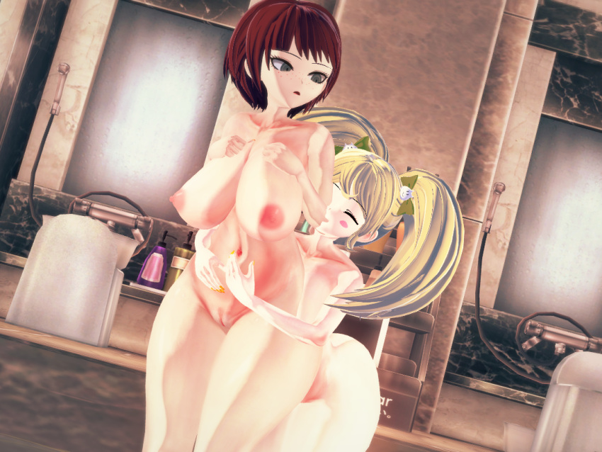 2girls 3d breasts completely_nude completely_nude_female danganronpa danganronpa_2:_goodbye_despair female female_only hugging hugging_from_behind human koikatsu koizumi_mahiru large_breasts multiple_girls saionji_hiyoko straight_hair super_danganronpa_2 wafles_coffe