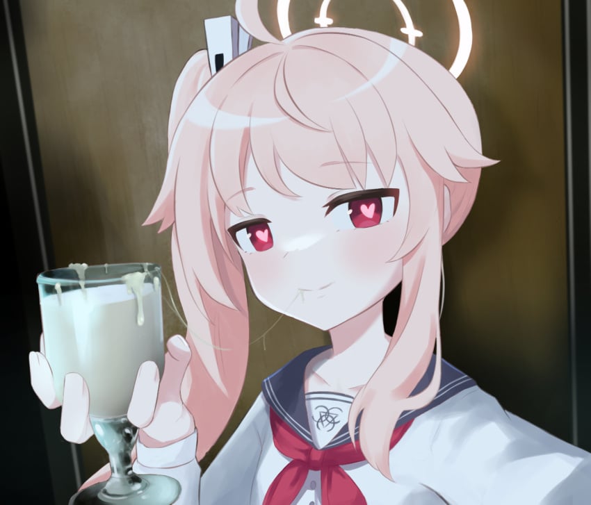 blue_archive cum cum_drinking cum_filled cum_in_mouth cum_on_face female glass_cup gokkun halo heart-shaped_pupils holding_glass jizz looking_at_viewer meme natsu_(blue_archive) pink_hair solo_female trinity_general_school_student young ziz_(pandora707)