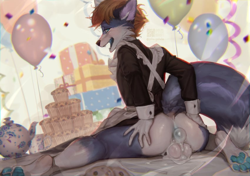 2024 affax anthro anus ass backsack balloon balls bedroom_eyes birthday_party blue_anus blue_eyes blue_pawpads blush bodily_fluids brown_hair brown_nose bubble candy canid canine cheek_tuft chocolate chocolate_chip_cookie chocolate_chips clothed clothing confetti container cookie crossdressing cum cum_bubble cup dessert detailed detailed_background digital_media_(artwork) digital_painting_(artwork) digitigrade dipstick_tail facial_tuft fangs feet femboy food fox genital_fluids genitals gift hair hi_res holding_hips inflatable leaking_cum looking_at_viewer looking_back maid_uniform male male_anthro mammal markings muffin narrowed_eyes open_mouth painting_(artwork) pawpads paws pita_potato presenting presenting_anus presenting_cum_inside presenting_hindquarters rear_view ribbons seductive short_hair sitting soles solo spread_butt spreading tail tail_aside tail_markings tea_cup teapot teeth tuft uniform