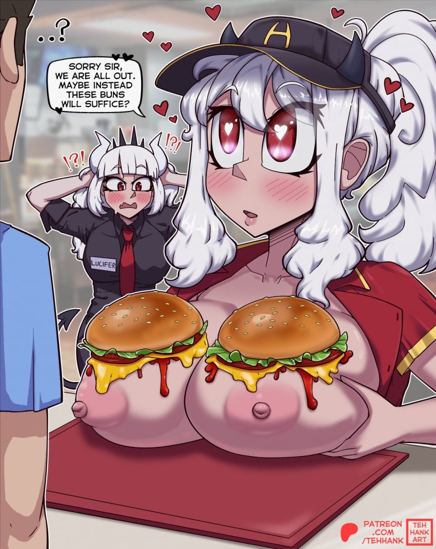 !? ...? 1boy 2girls breasts burger demon_girl demon_horns demon_tail employee_uniform english_text fast_food fast_food_uniform female food heart heart-shaped_pupils helltaker highres horns large_breasts long_hair lucifer_(helltaker) male modeus_(helltaker) multiple_girls name_tag necktie nipples ponytail red_eyes shirt speech_bubble symbol-shaped_pupils tail tehhank visor_cap white_hair white_horns your_order_is_ready_(meme)