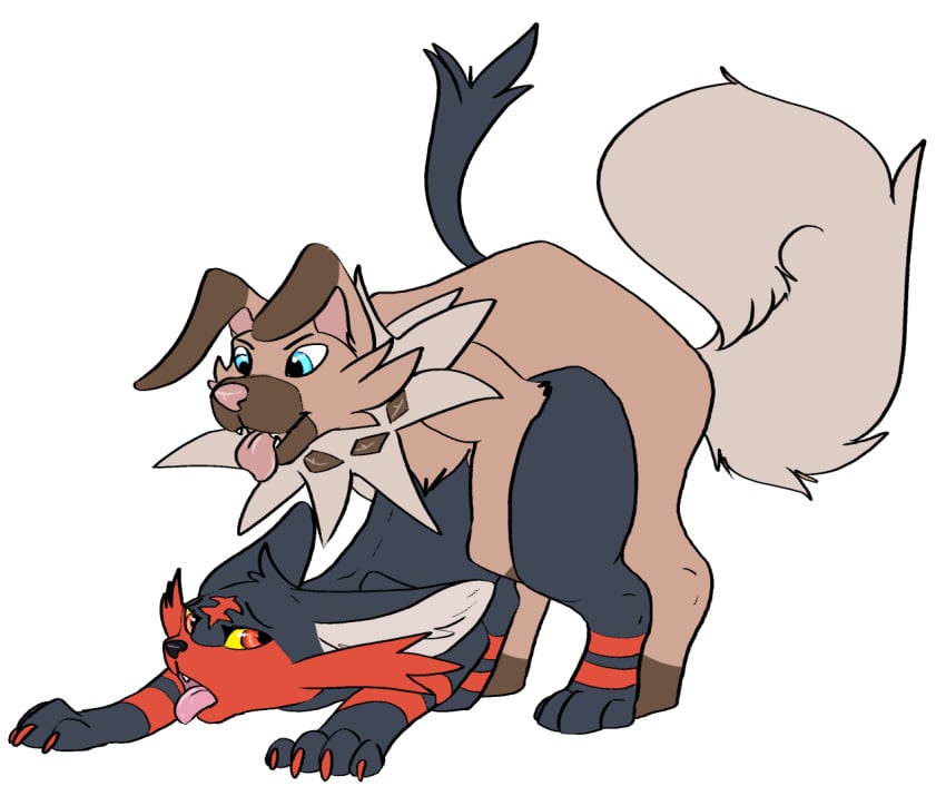 1boy 2016 ambiguous_gender canine ennismore feline feral furry litten male mammal nintendo open_mouth pokemon pokemon_sm rockruff sex simple_background tongue tongue_out video_games white_background