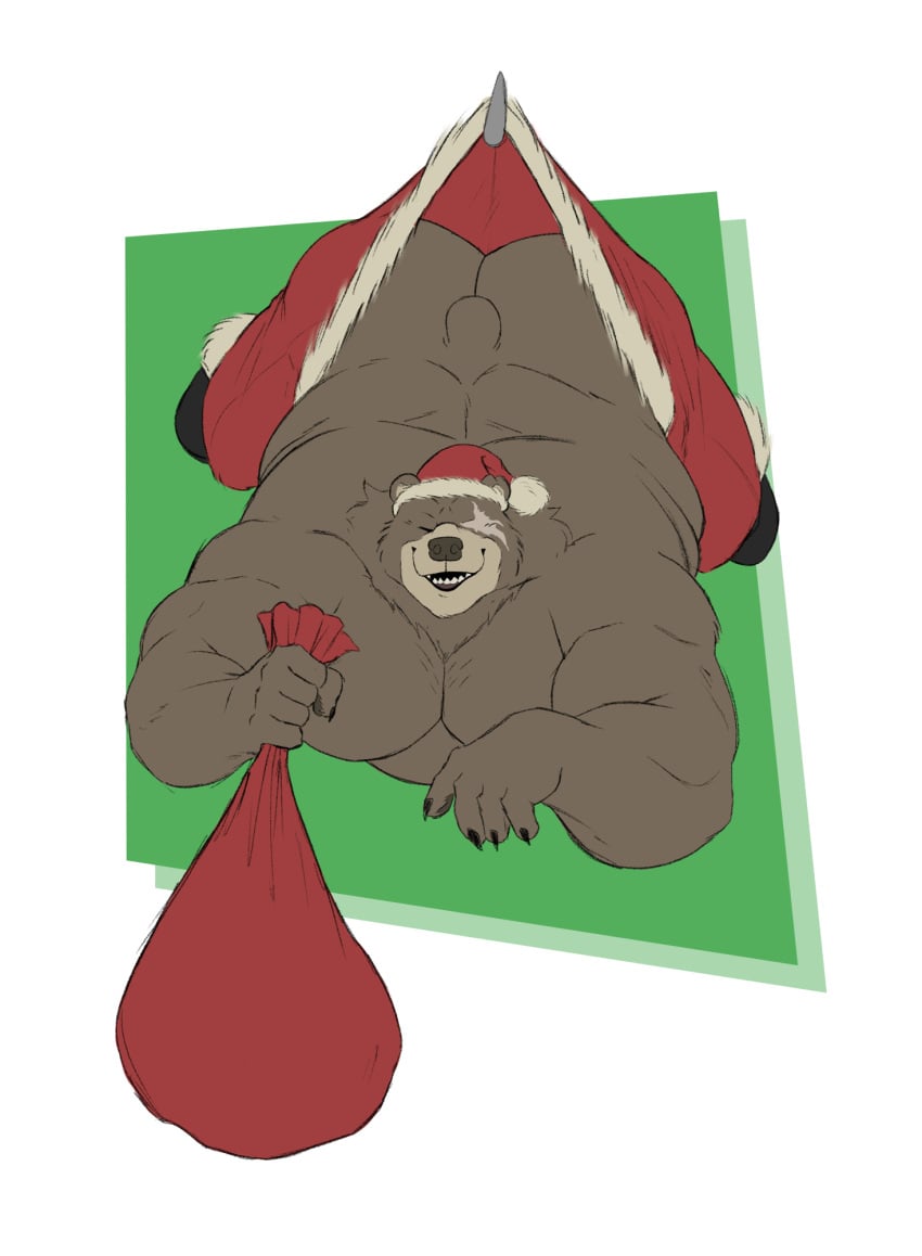 anthro ass barazoku bear ben_bigger brown_body brown_fur christmas christmas_clothing christmas_headwear closed_eyes clothed clothing costume eye_scar facial_scar fur hat headgear headwear hi_res holidays hook hung_clothing male mammal mihoyo musclegut muscular muscular_male open_mouth open_smile overweight overweight_male sack santa_costume santa_hat scar short_tail smile solo stocky suspension tail thiren topless topless_male zekebearr zenless_zone_zero