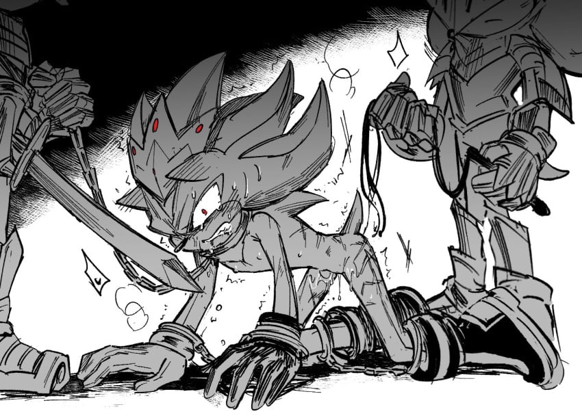 3boys all_fours angry ankle_cuffs chain_leash chained_wrists crown cuff_(restraint) defeated ear_blush erect_nipples junisnowhere king_shadow knight male male_only shackles shadow_the_hedgehog shaking sir_lancelot_(sonic_and_the_black_knight) sonic_(series) sonic_and_the_black_knight sonic_the_hedgehog_(series) spoils_of_war sword whip_marks