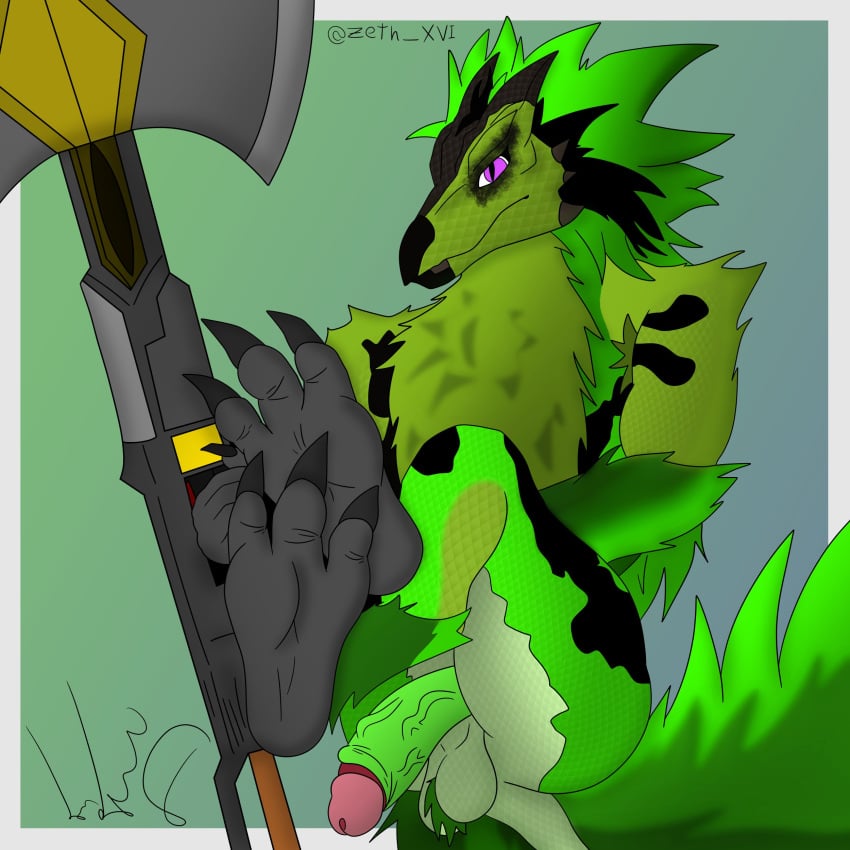 2_horns 3_toes big_balls biped bird_wyvern black_horn capcom green_face green_facial_hair green_penis green_scales grey_feet hairy_balls looking_at_viewer male male_only monster_hunter non-human non-human_only paws pink_penis_tip seikret snout