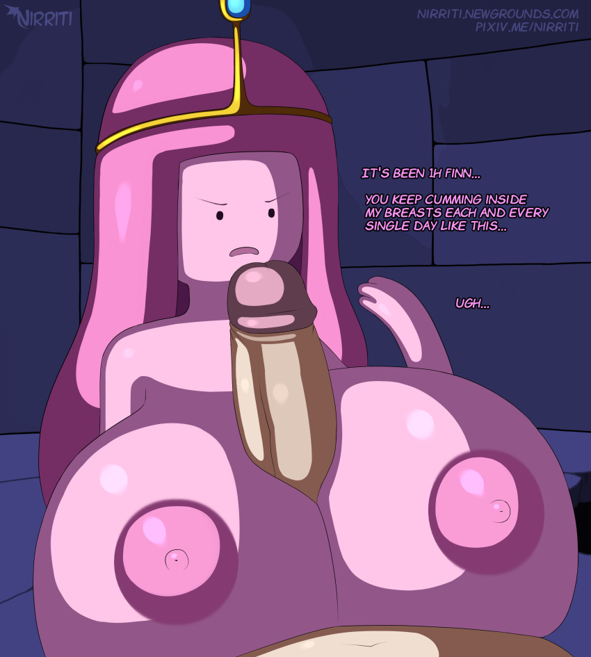 1boy 1girls adventure_time angry angry_face big_breasts big_cock bubblegum_girl busty cartoon_network cell_shading dialogue dungeon english english_dialogue english_text female finn_the_human frowning huge_breasts huge_cock human long_hair male male/female naked nirriti nude paizuri penis_between_breasts pink_body pink_hair pink_skin princess princess_bubblegum royalty talking titjob top_heavy