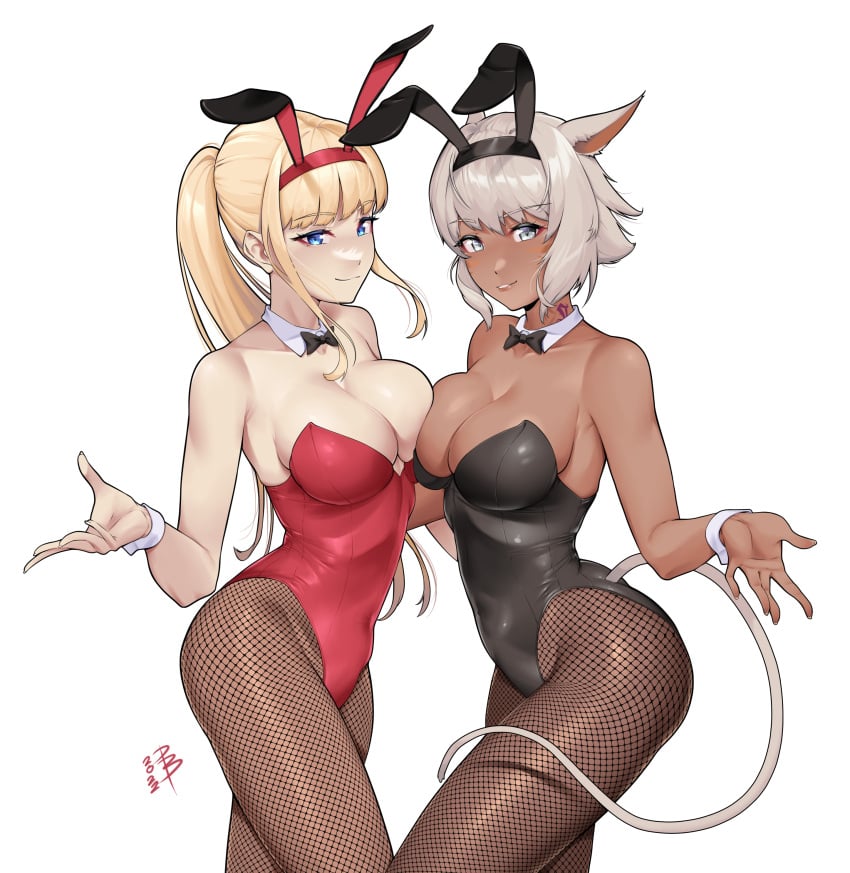 big_breasts blonde_hair blue_eyes bowtie_collar bunny_girl bunnysuit cat_ears chocolate_and_vanilla damodar dark-skinned_female female final_fantasy final_fantasy_xiv grey_eyes grey_hair hyur light-skinned_female lyse_hext miqo'te pale-skinned_female playboy_bunny square_enix tanned_female tattoo y'shtola