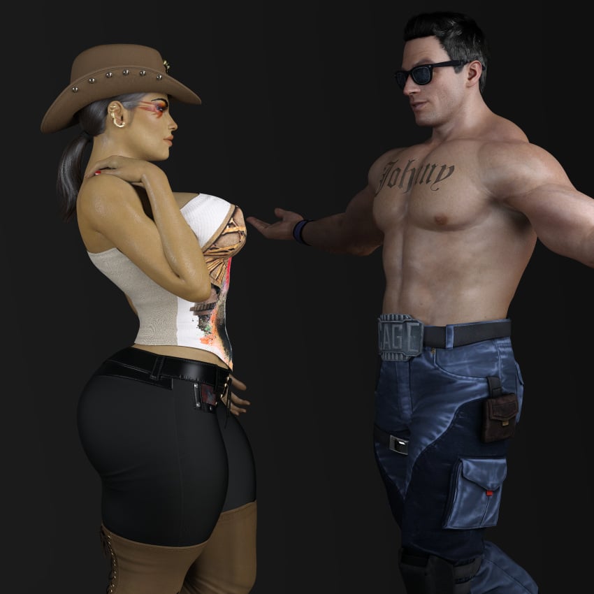 3d apex_legends bare_arms bare_shoulders breasts crossover dark-skinned_female dark_skin female/male gm_studios hat hug_invitation huge_breasts imminent_sex johnny_cage large_breasts loba_(apex_legends) male/female mortal_kombat mortal_kombat_11 pale-skinned_male shorts spread_arms straight sunglasses tattoo topwear