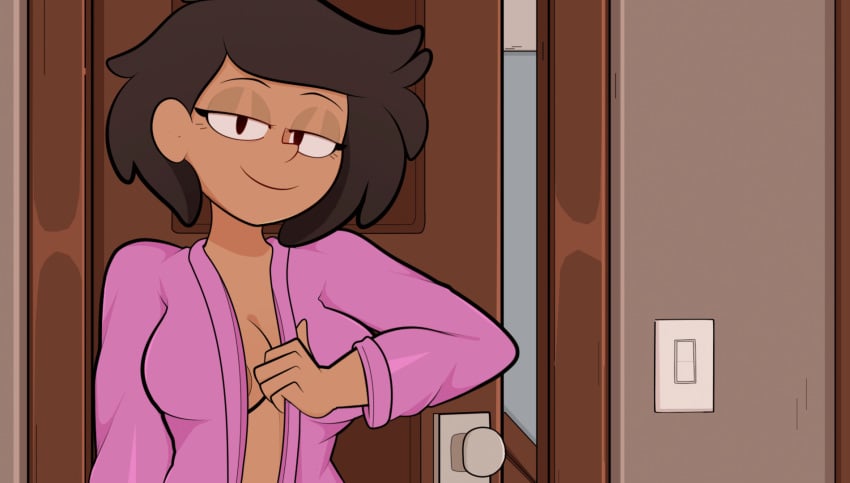 1girls amphibia animated areolae arkeus brown_hair dark-skinned_female disney flashing_breasts medium_hair milf mrs._boonchuy nipples no_bra oum_boonchuy robe seductive seductive_smile solo solo_female straight_hair tagme undressing