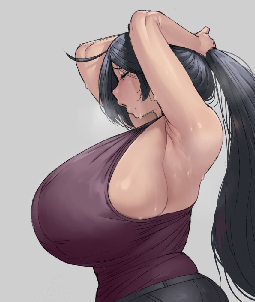 1girls armpit armpits arms_up big_breasts black_hair breasts_bigger_than_head closed_eyes clothed eyelashes female female_only hi_res huge_breasts krekk0v lin_(krekk0v) milf open_mouth original original_character side_view sideboob simple_background sweat tank_top tying_hair venus_body