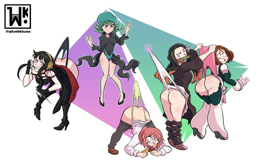 5girls ability_indecency assassin atomic_wedgie big_ass black_hair black_panties brown_hair crossover demon_slayer female female_human female_only gold_hairband green_hair green_panties hairband human kamado_nezuko kimetsu_no_yaiba kobayashi mature_female miss_kobayashi's_dragon_maid multiple_girls my_hero_academia ochako_uraraka one-punch_man pink_hair pink_panties spy_x_family tatsumaki telekinesis thorn_princess wedgie white_panties wkrobbinson yellow_panties yor_briar yor_forger