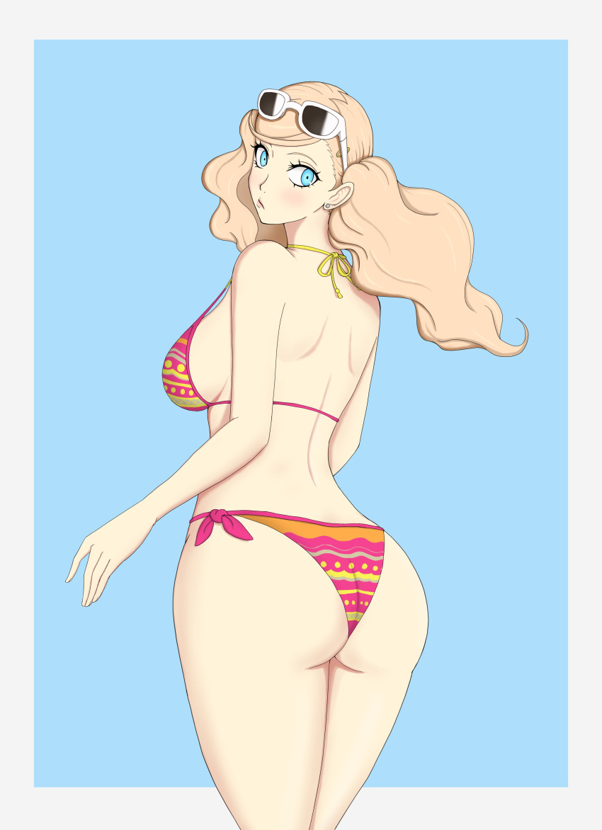 ann_takamaki big_ass big_breasts bikini blonde_hair blue_eyes breasts cleavage eyewear_on_head fat_ass huge_ass large_breasts nahone_peko pawg persona persona_5 sunglasses sunglasses_on_head swimsuit teenager thick_thighs thin_waist twintails wide_hips