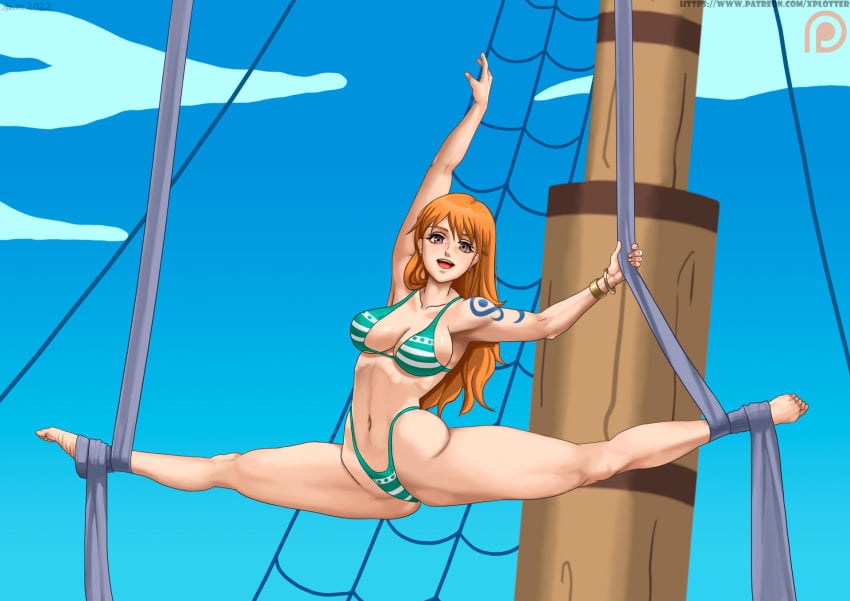 bikini brown_eyes female female_only large_breasts long_hair looking_at_viewer nami one_piece orange_hair spread_legs striped_bikini suspension tattoo thick_thighs thong voluptuous xplotter